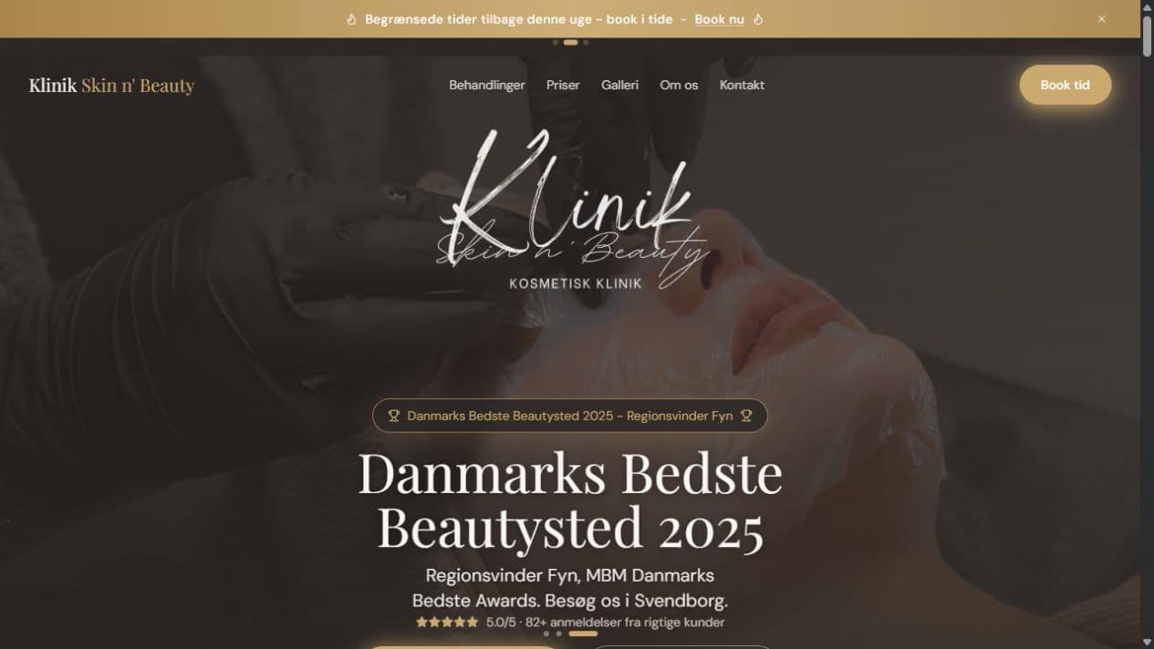 Klinik Skin n' Beautys hjemmeside med behandlinger og booking